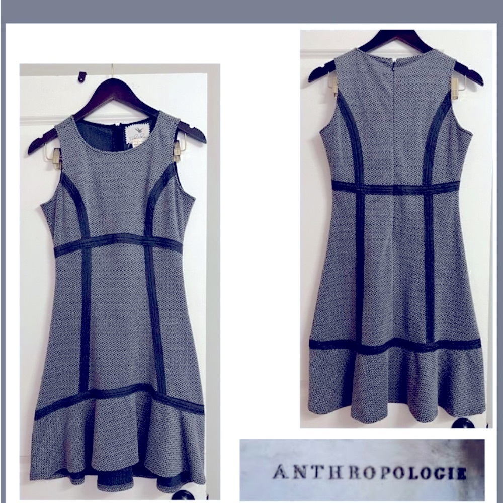 Anthropologie Tabitha Black Grey Textured Stretch Flutter Flounce Dress Size 8
